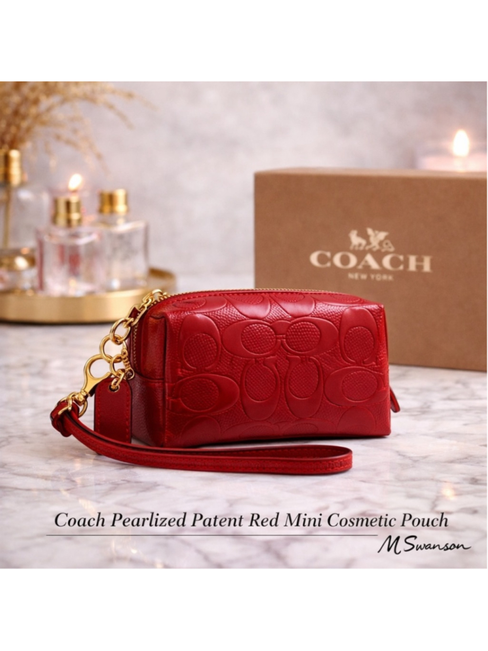 NEW Coach Pearlized Patent Red Mini Cosmetic Pouch Boxed Essential NIB